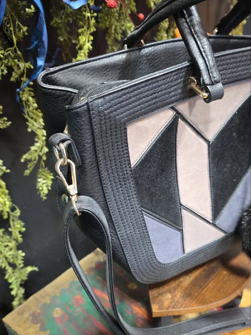 Black Geometric Panel Shoulder Bag with Pom Accent